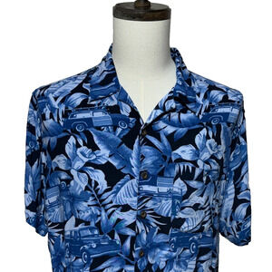 Panama Jack Shirt Mens Large Blue Hawaiian Classic Cars Loop Collar Rayon Beachy